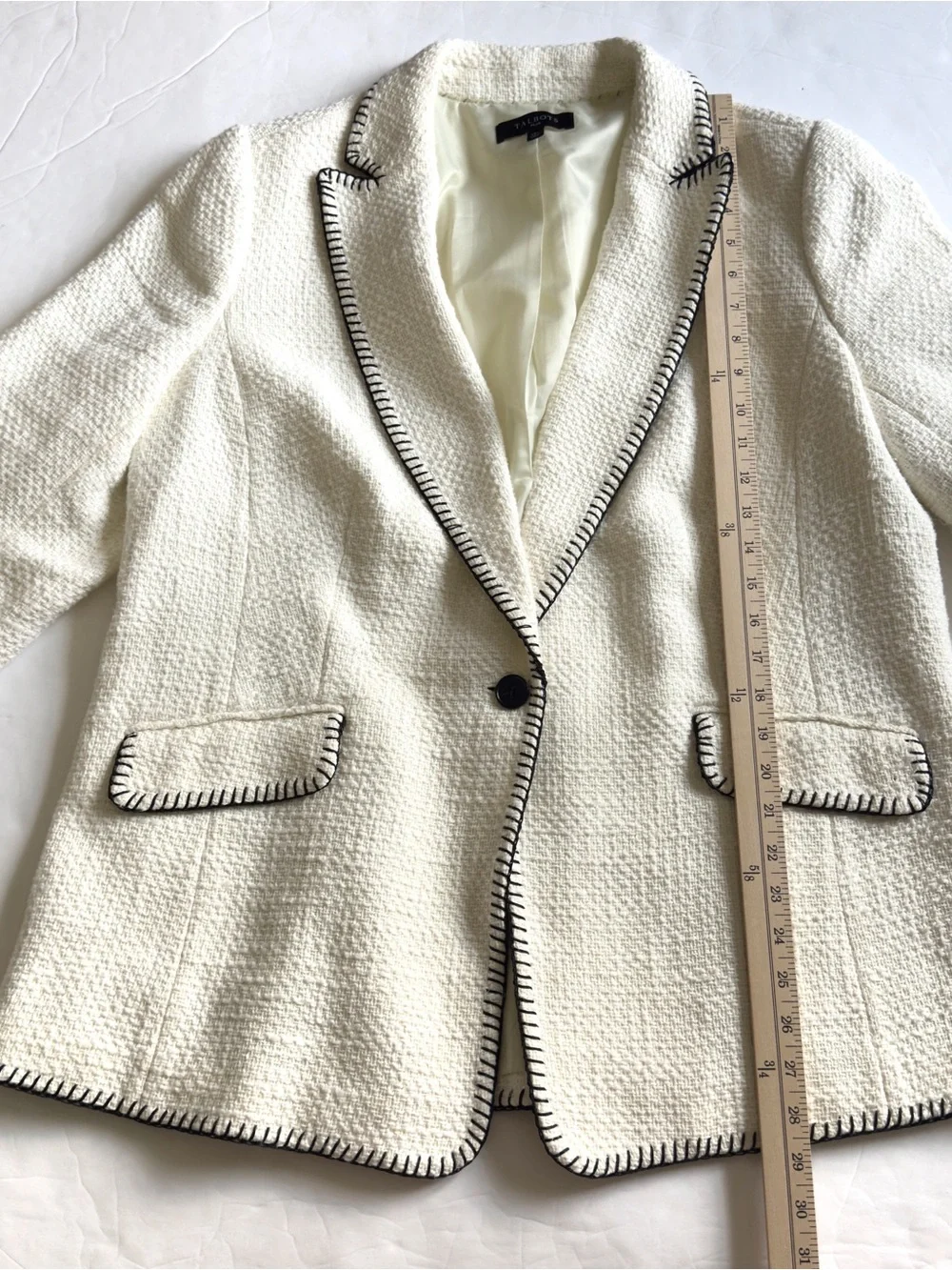 Talbots Tweed Blazer 14W Cream Black Whipstitch Jacket Classic Office Cotton